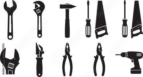 Collection of various black hand tools icons set