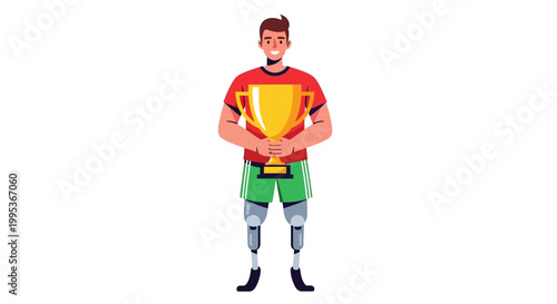 Illustration of a muscular man holding a trophy in a red shirt and green shorts on a white background.