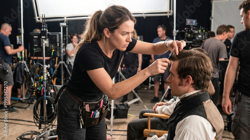 Hair stylist applying finishing touches to actor on film set  