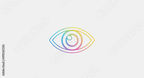 A vibrant abstract eye icon with a rainbow gradient outline symbolizing vision and perception