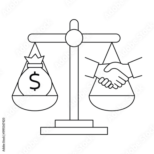 Business value balance scale with money bag and handshake for fair trade and partnership.Editable stroke, Vector illustration, Line art Icon, Symbols.