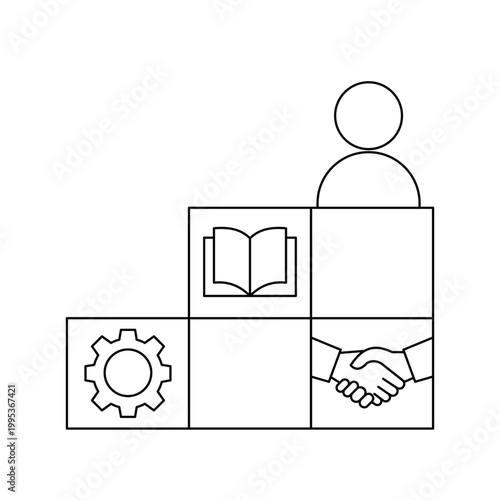 Professional career development steps with skills icons gear book handshake and person icon.Editable stroke, Vector illustration, Line art Icon, Symbols.