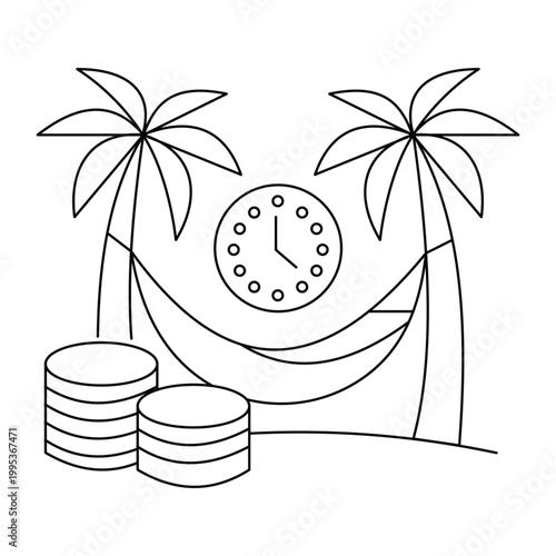 Financial freedom and passive income concept with clock money coins and tropical beach.Editable stroke, Vector illustration, Line art Icon, Symbols.