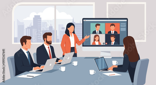 Businesswoman presenting to colleagues in a conference room with a video call on screen