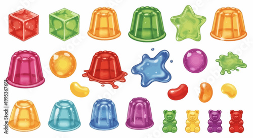 Gummy candies in various colorful shapes are arranged on a white.