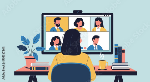 Illustration of a woman participating in a video conference with multiple people on a computer screen at a desk.