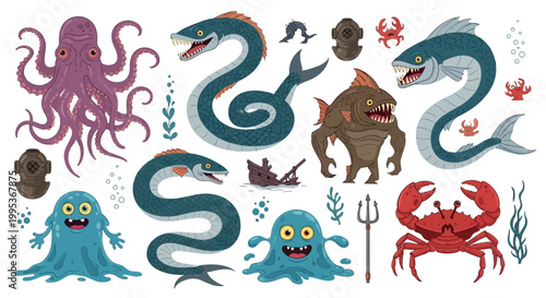 Sea creatures gathered together form a colorful collection of.