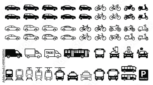 Transport icon set, vehicle symbol collection, car, sedan, suv, hatchback, bicycle, motorcycle, scooter, delivery truck, taxi, bus, tram, train, parking sign, mobility, traffic, navigation - vector