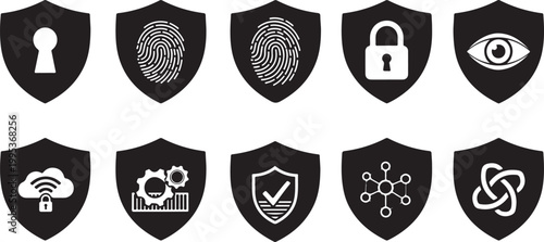 Security and protection icons on shields vector set