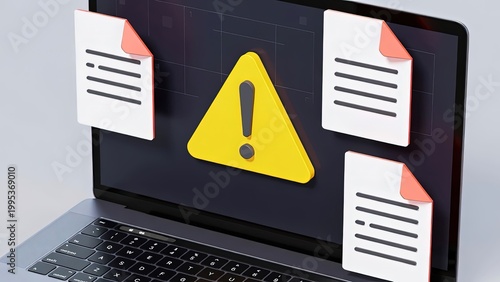 Close-up of digital warning alert displayed on laptop in modern office environment