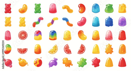 Gummy candies display colorful fruit flavors in this large assortment.