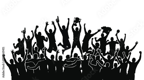 Cheering crowd silhouette, sports fans celebrating victory with trophy and foam finger, people jumping and arms raised in excitement, success and teamwork concept, group of fans cheering - vector art