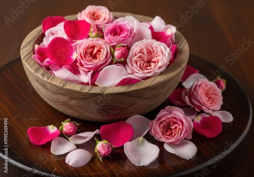 A wooden bowl filled with pink roses and petals on a dark table