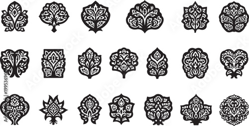 Set of black and white floral designs icons