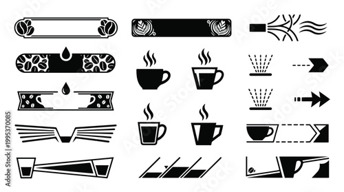 Coffee icon set, espresso cafe logos, coffee bean label collection, latte art banners, steam nozzle graphics, industrial brewing equipment symbols, black vector design elements, barista menu signs.