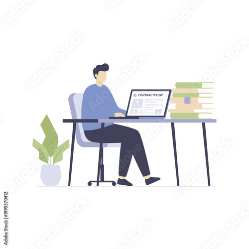 Person Working at Desk Using Laptop in Office Setting.