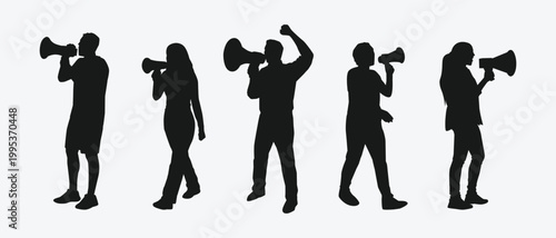 Silhouette set of people with megaphone. Concept of demonstration, advertising, event, and public speaking. Vector illustration.