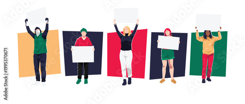 Vector set of people holding blank banners for protest or announcement. Concept of demonstration or advertising. Flat vector illustration.