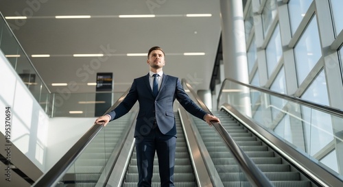 Confident Businessman Riding Escalator with Arms Outstretched in Modern Building.