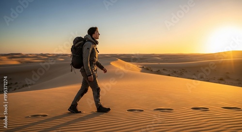 Lone traveler walking across a vast desert landscape at sunset.