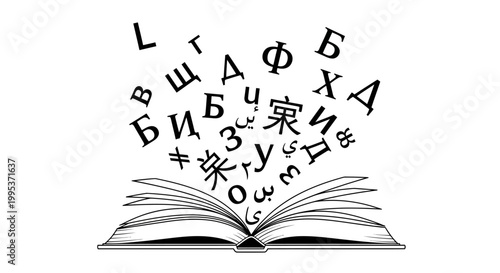 Hand-drawn open book with cyrillic alphabet and educational symbols for learning and literacy concepts