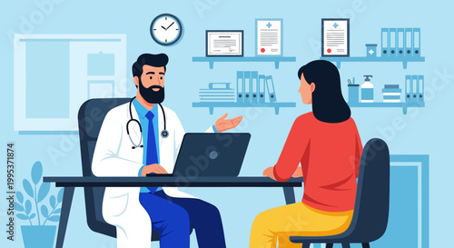 Illustration of a doctor and patient discussing health on a laptop in a clinic