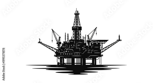 Offshore oil drilling rig at sea silhouette against clear sky industrial energy production