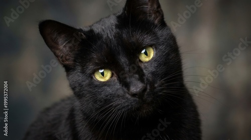 Elegant Black Cat with Piercing Yellow Eyes in Studio Portrait.
