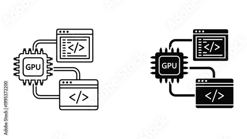 Graphic design elements of gpu and computer browser windows with coding symbols on white background