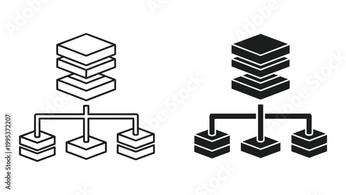 Vector illustration of two database or network architecture diagrams with block layers and connections in black and white