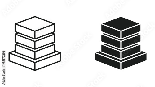 Black and white line art illustration of stacked boxes in two styles
