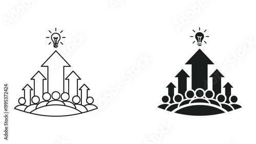 Black and white icons of people with arrows and light bulb for business concepts
