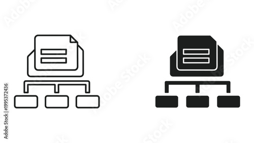 Black and white line icons of file organization structures with flowcharts