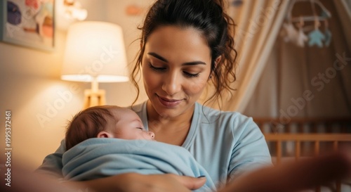 Loving mother cradling her newborn baby in nursery.