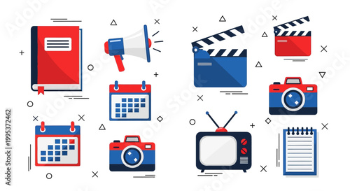 Flat lay of various media and film production icons on a white background