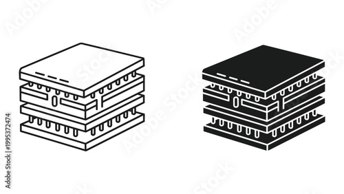 Stacked microchip layers in black and white on a pure white background