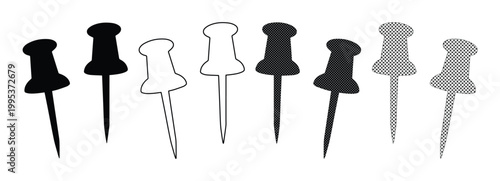 Push Pin Vector Set, eight versatile thumbtack icons in black, white outline, and gray, perfect for notice boards, maps, and office supplies graphics