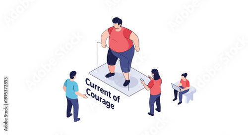 Isometric Illustration of Overweight Man and Support Group Concept.
