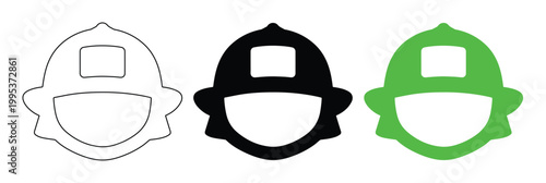 Firefighter helmet icon set, essential safety gear vector graphics. Modern fire department headwear symbols, black and green solid shapes, outline design for emergency services branding and web