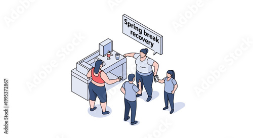 Isometric Illustration of People Recovering from Spring Break Activities.