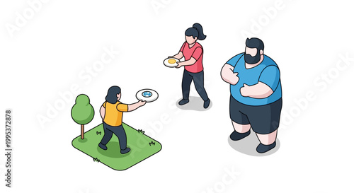 Isometric illustration of people playing frisbee in a park on a sunny day.
