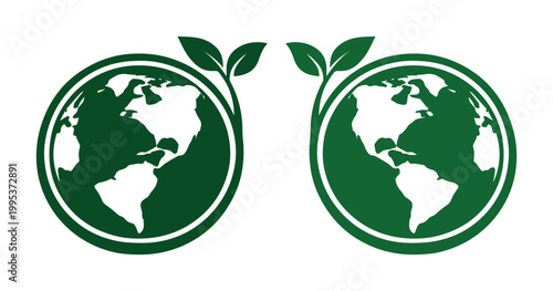 Sustainable green earth vector icon set, eco-friendly global planet symbol, environmental conservation graphic elements for nature protection and ecological awareness campaigns