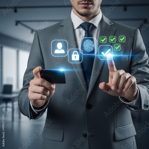 Businessman interacting with digital identity security verification interface holding credit card.