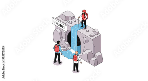 Isometric illustration of explorers near a waterfall inside a cave structure.