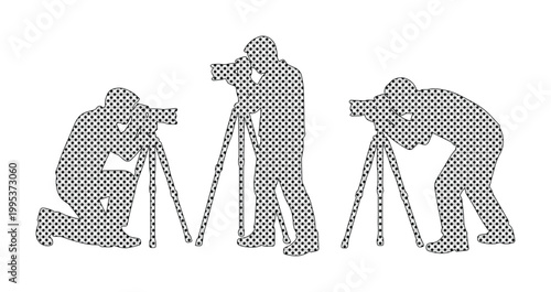 Professional photographer silhouettes, a set of three vector illustrations depicting diverse camera operators with tripods, ideal for photography studio branding or creative design projects.