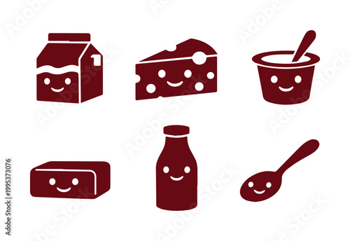 Cute dairy product vector icons, charming milk, cheese, and yogurt illustrations, adorable food graphics for menus and branding, a delightful set of brown dairy symbols.