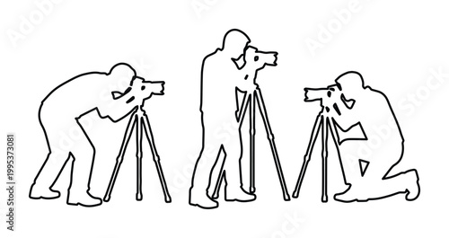 Professional photographers vector silhouettes, three distinct poses of cameramen with tripods, black and white outline illustration for photography concepts, media, and creative design.