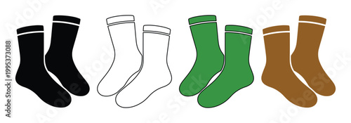 Classic athletic socks vector set, black, white, green, and brown crew socks with double stripe detail, essential apparel for sports and casual wear, isolated on white background