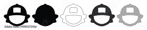 Minimalist hard hat icon set, five distinct safety helmet vector graphics for construction and industrial design, worker protection symbol collection, black and white line art illustrations