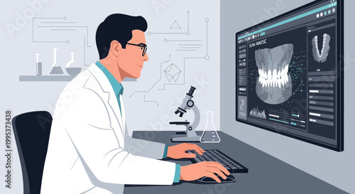 Dentist analyzing dental scan data on computer with lab equipment